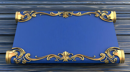 A royal blue scroll, ornate with gold trim, rests on a wooden surface.  Detailed gold scrollwork frames the empty center