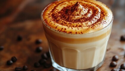 Delicious latte with creamy froth and cocoa powder in a glass. Great for coffee shop menus or food and beverage blog posts.
