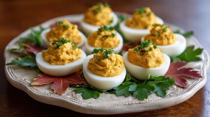 Deviled eggs with pumpkin tinted yolk mix on a fall themed plate