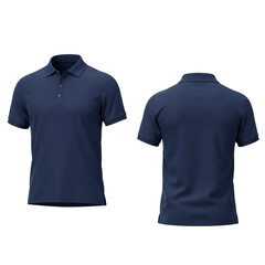A stylish navy blue polo shirt displayed from both front and back views showcasing its classic design and casual appeal.