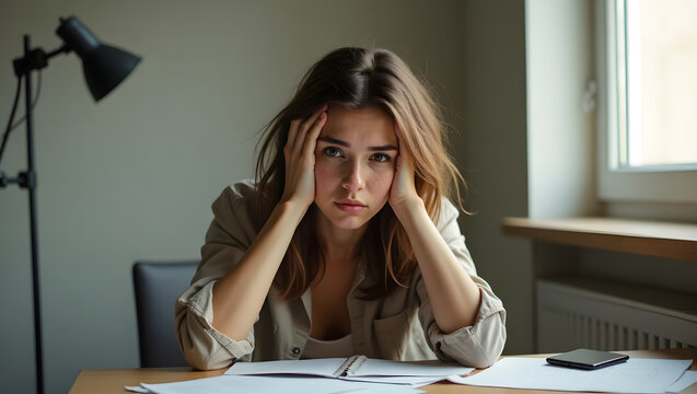Tired Young Woman Sitting at Desk Feeling Stressed and Overwhelmed