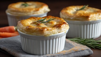 Individual pot pies with golden crust in ramekins
