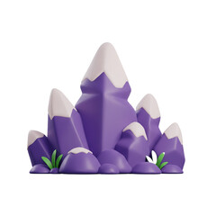 A stylized illustration showcases a cluster of purple mountain peaks topped with soft snow and accented by simple green foliage.