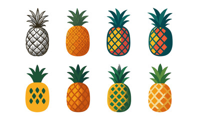 Vintage pineapple set: retro fruit icons with diverse patterns and styles