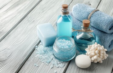 Fototapeta premium Minimalist spa flat lay with blue sea salt and natural soap on white wooden background, clean copy space for beauty treatment or body care product advertising