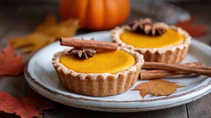 Mini pumpkin pies on rustic plate with autumn leaves