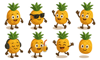 Naklejka premium Cheerful cartoon pineapple characters with various expressions and accessories