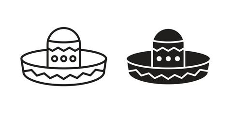 Mexican Hat icon set, line and black glyph style for food app website.