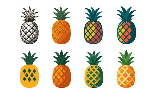 Vintage pineapple set: retro fruit icons with diverse patterns and styles