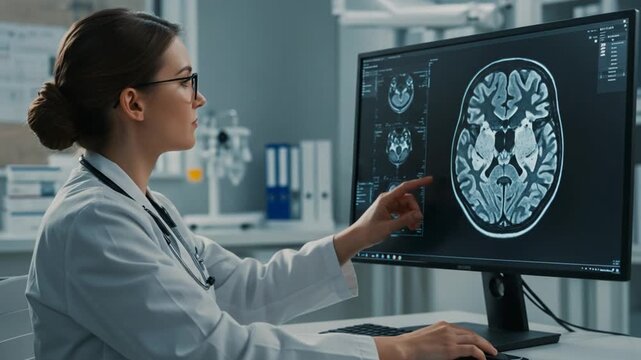 Examining Brain Scan Woman Doctor Analyzing Medical Data on Computer Screen