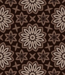 Seamless floral pattern with vintage brown flowers, leaves, and ornate decoration, perfect for textile, wallpaper, or background design