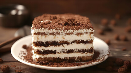 A square slice of tiramisu, layered with coffee-soaked ladyfingers and creamy mascarpone filling, dusted with cocoa powder.  Served on a white plate on a rustic wooden table