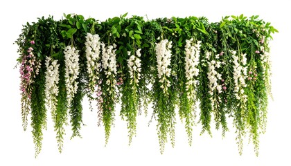 Lush hanging floral arrangement with cascading white and pink blossoms and vibrant green foliage