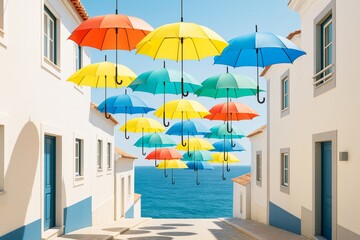 Fototapeta premium Colorful umbrellas floating above coastal street with white buildings and sea in background under clear blue sky on a sunny day. Ai generative