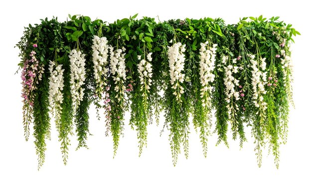 Lush hanging floral arrangement with cascading white and pink blossoms and vibrant green foliage