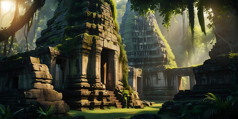 Ancient Stone Temple Ruins Hidden in Dense Jungle with Sunlight Filtering Through

