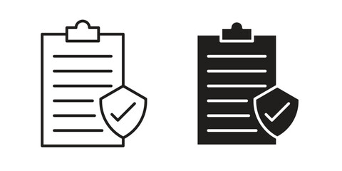 Insurance policy icon set, line and black glyph style for food app website.