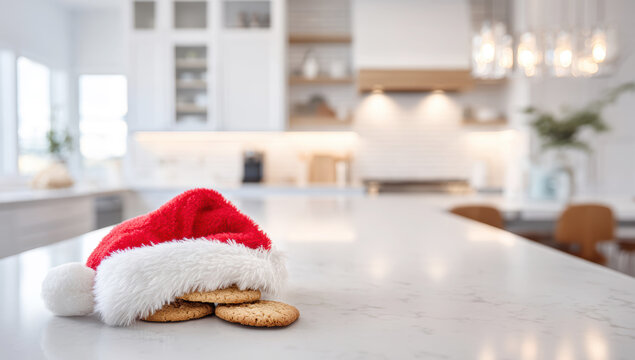 Homemade christmas cookies stacking near festive santa hat, warm kitchen lighting casting soft shadows on wooden countertop