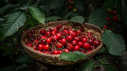 A pile of freshly picked cherries arranged in a woven basket with their vibrant red color popping against the natural tones of the basket and green leaves