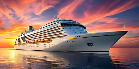 Luxury Cruise Ship Sailing on Calm Waters at Vibrant Sunset

