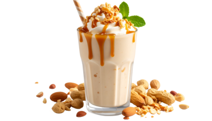 almond peanut caramel icecream shake with peanuts garnished at bottom isolated on transparent background 