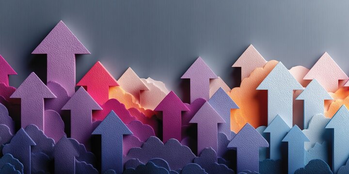 Vibrant Purple Blue Orange Upward Arrow Background - Symbol of Business Growth & Cloud Technology for Social Media Advertising, Web Icon Design