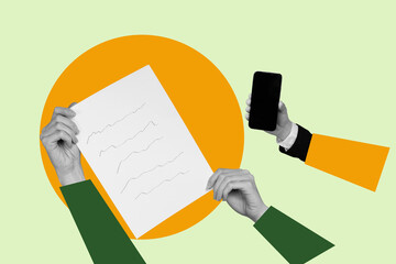 Pop zine full art photo collage of hands hold paper sheet contract signature deal notepad to-do list planning education memo