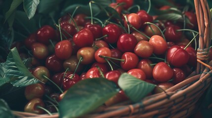 A pile of freshly picked cherries arranged in a woven basket with their vibrant red color popping against the natural tones of the basket and green leaves