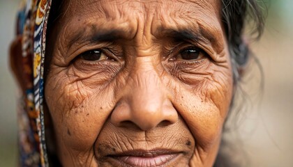 Close-up portrait of an elderly woman's face, showing deep wrinkles and expressive eyes