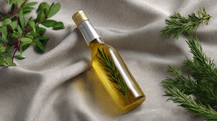 Glass bottle of rosemary infused olive oil on textured fabric with fresh herbs