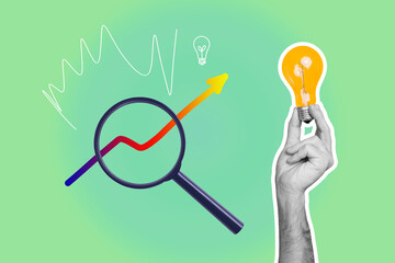 Poster image artwork pop collage of magnifier lens zoom light bulb idea finding arrow development...