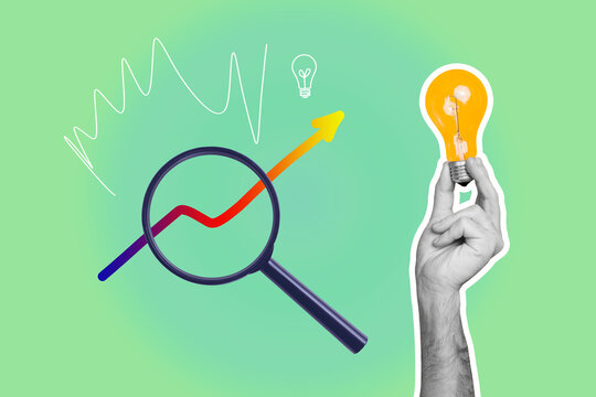 Poster image artwork pop collage of magnifier lens zoom light bulb idea finding arrow development blackout aim achievement