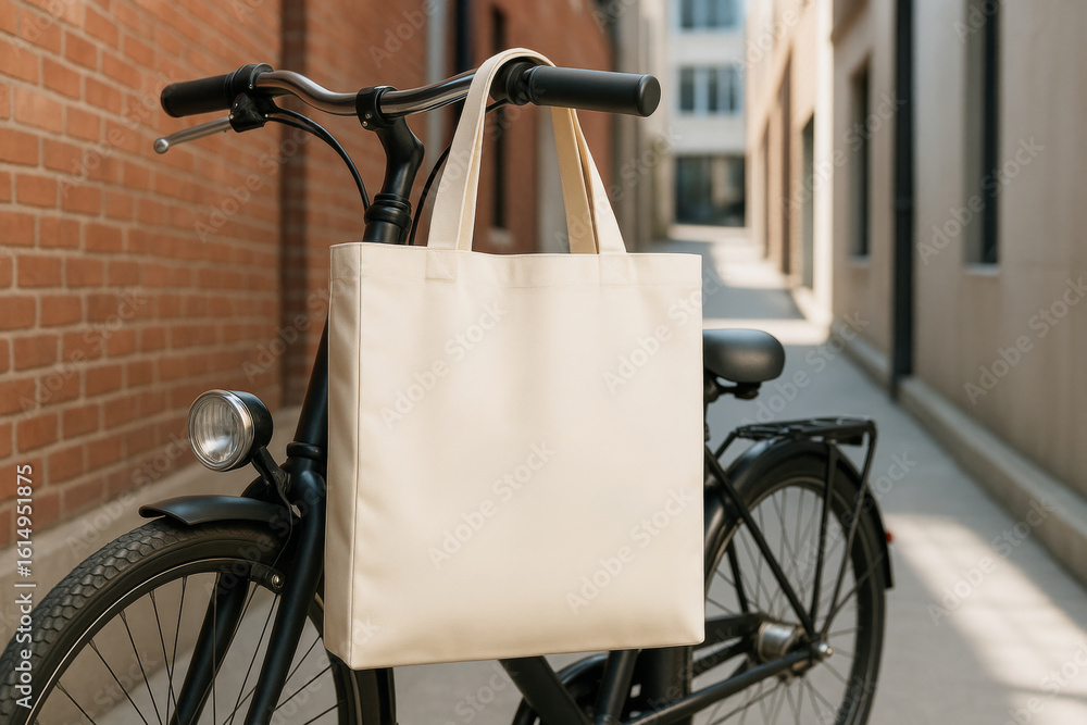 Poster reusable shopping bag mockup hanging on bicycle handlebar in modern urban alleyway with soft dayligh