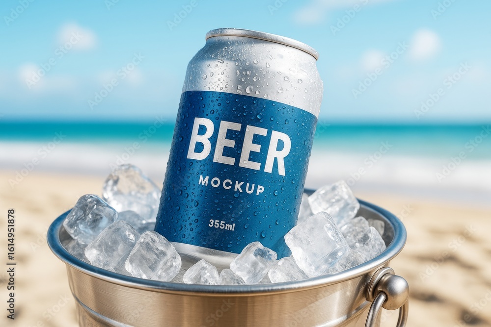Poster cold beer can mockup in ice bucket on beach background for product display and branding presentation