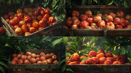 A pile of ripe nectarines arranged in a wooden crate with their smooth orange skin and hints of red set against a backdrop of green foliage