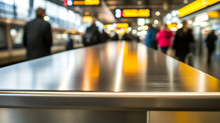 Fototapeta premium Stainless steel counter reflects blurred figures and overhead signs at a busy transit station platform.