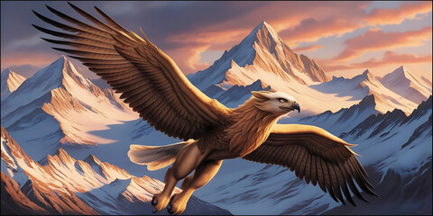 Majestic Eagle Soaring Over Snow-Capped Mountains at Sunset

