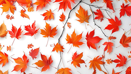 Fototapeta premium Vibrant Autumn Leaves Scattered on White Background Delicate Branches Evoke Seasonal Beauty