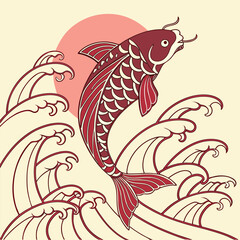 Majestic Carp Leaping Through Stylized Ocean Waves Against a Warm Sunburst Background
