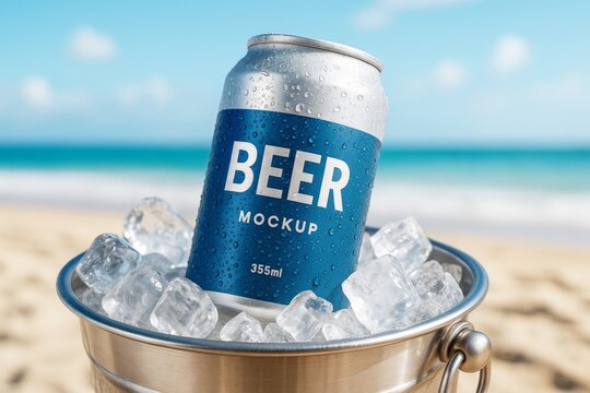 Cold beer can mockup in ice bucket on beach background for product display and branding presentation in bright and clean summer layout. Ai generative