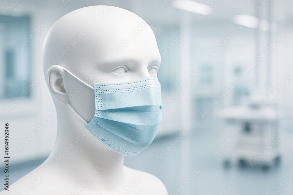 Poster medical face mask mockup on white mannequin head in clinical environment with soft lighting and empt