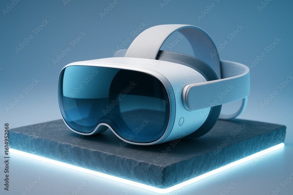Poster futuristic vr headset mockup on illuminated stone platform with clean blue gradient background for b