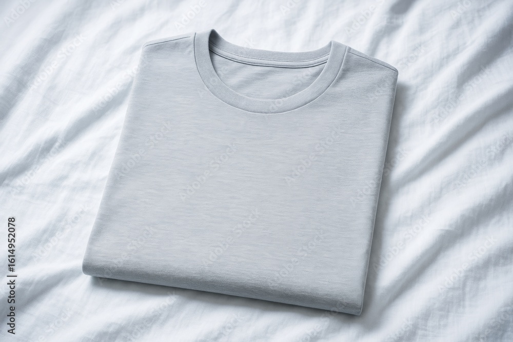 Poster folded blank light grey t-shirt mockup on soft white fabric background for clean branding presentati
