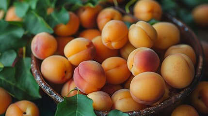 A pile of succulent apricots arranged in a ceramic bowl with their soft orange skin and hints of blush pink set against a backdrop of green leaves