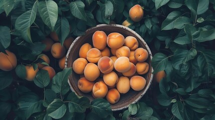 A pile of succulent apricots arranged in a ceramic bowl with their soft orange skin and hints of blush pink set against a backdrop of green leaves