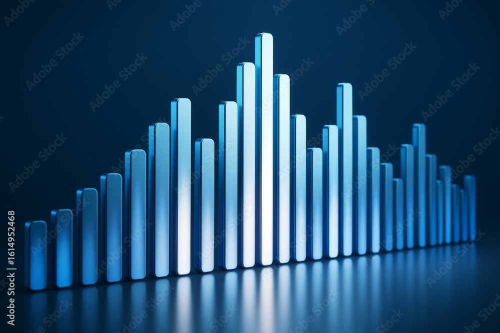 Poster abstract glowing blue bar chart with metallic light effect on dark background showing futuristic dat