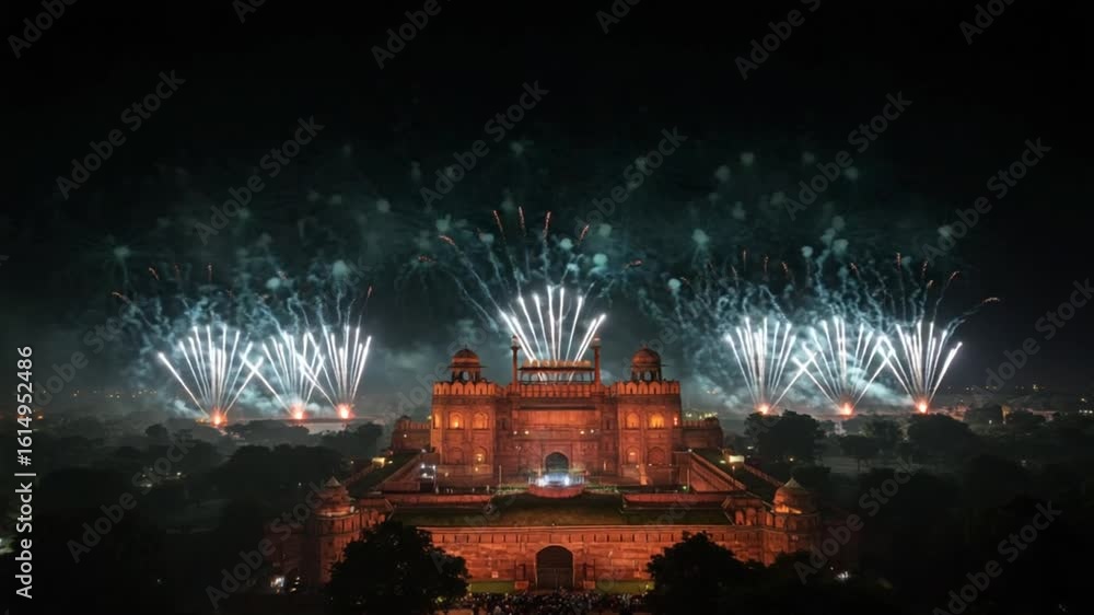 Poster fireworks exploding over ancient building at night celebration background
