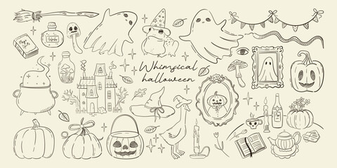 Set of cute whimsical sketch illustrations for halloween dinner party. Hand drawn autumn clip art for coquette card, poster design. Spooky magic collection, vector graphic