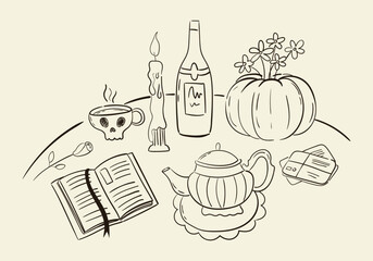 Halloween inspired serving with vintage teapot, candle, wine, pumpkin elements. Autumn dinner party table. Whimsical doodle illustration. Vector graphic