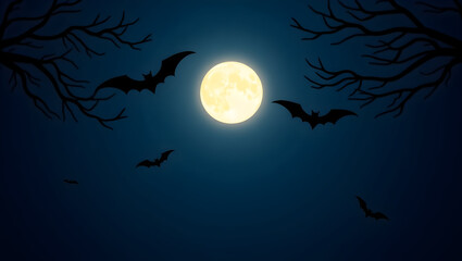 Fototapeta premium Halloween A glowing full moon dominates the center of a deep blue night sky, with black bats flying across and silhouettes(1)